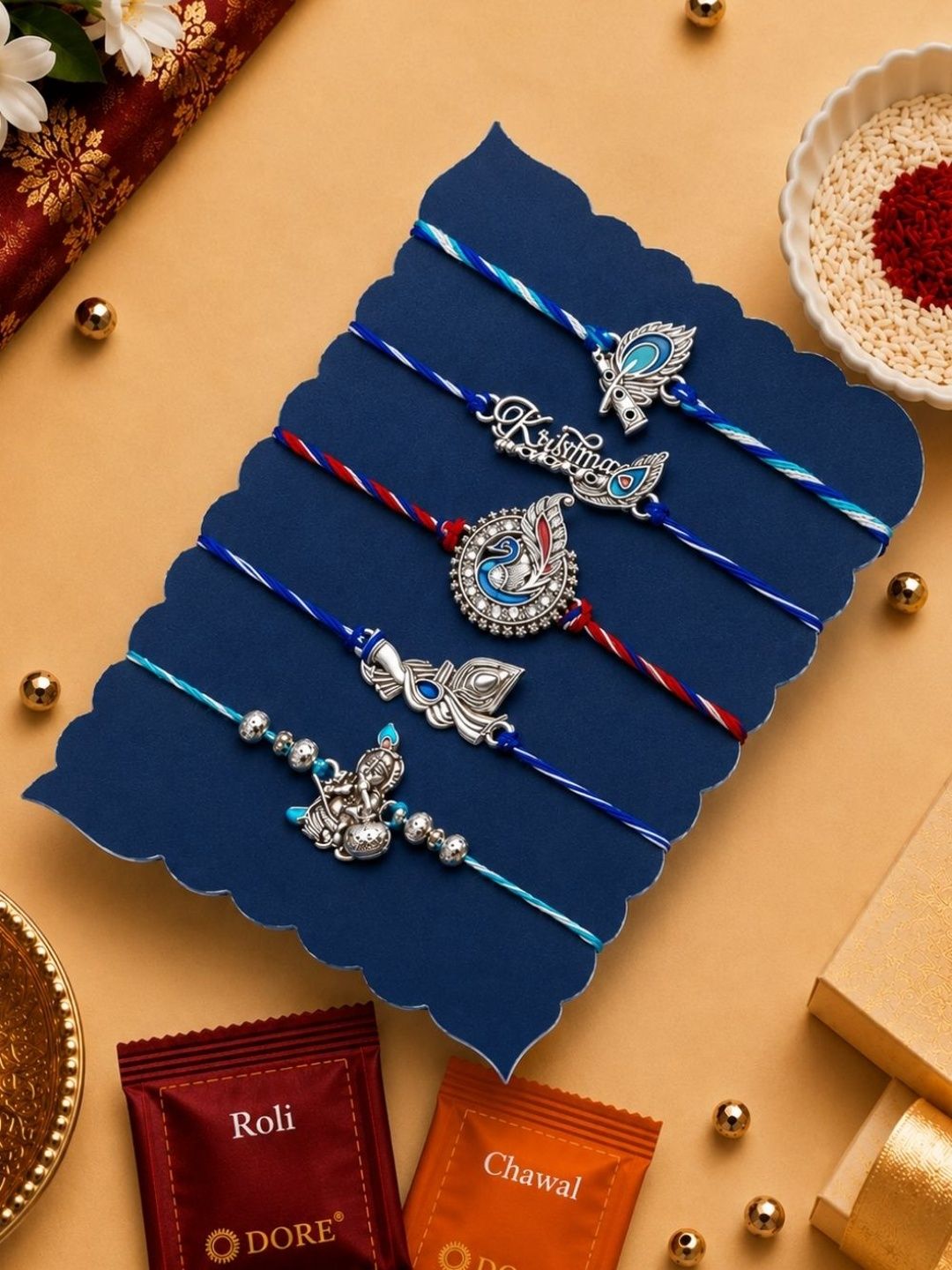 Dore Set of 5 Banke Bihari SilverToned Krishna & Peacock Rakhis with Roli Chawal-image-30