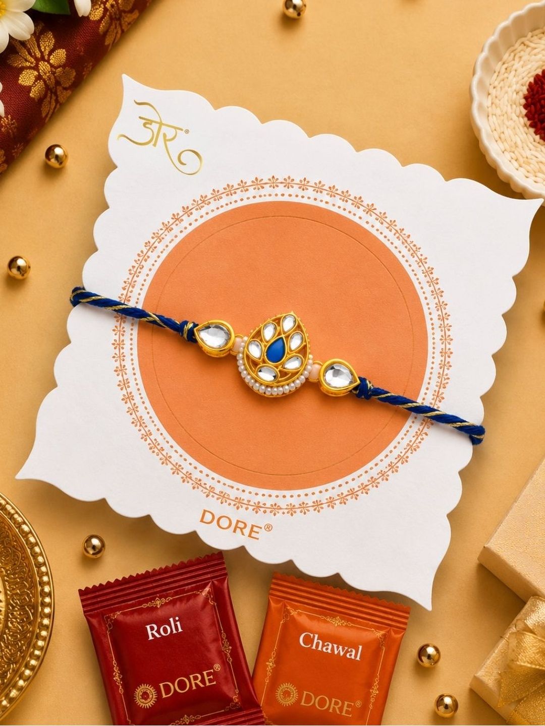 Dore Exquisite Blue Jaipuri Kundan Teardrop Rakhi with Roli Chawal for Brother-picture-49