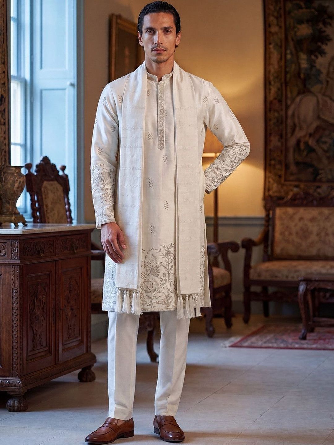 House of Pataudi Men White Silk Blend Floral Embroidered Straight Kurta with Dupatta-picture-37