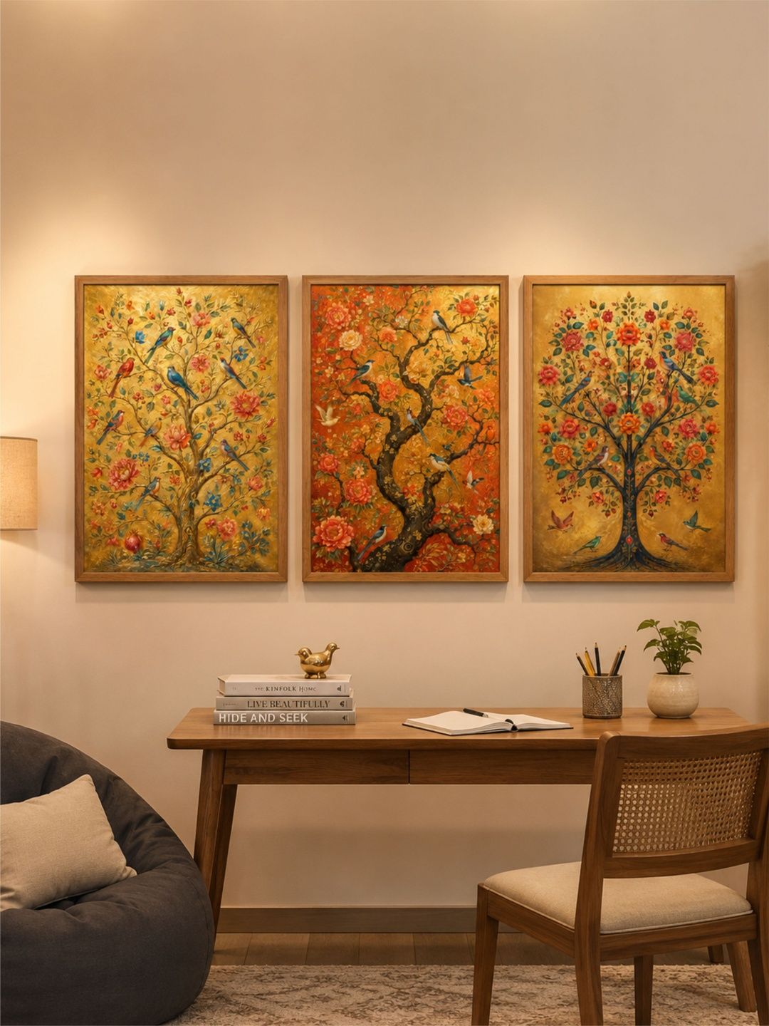 SAF Yellow 3 Pieces Birds and Animals Rectangle MDF Wooden Frame Wall Art-picture-13