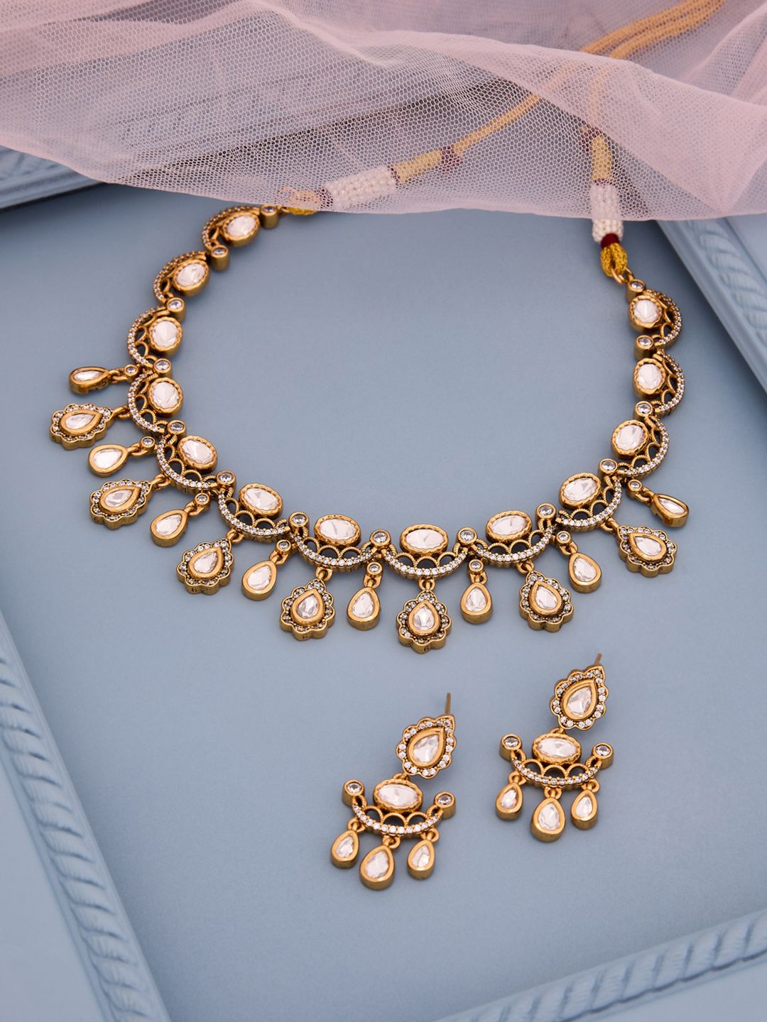 Kushal's Fashion Jewellery Brass-Plated Kundan Studded Necklace With Earrings-picture-50