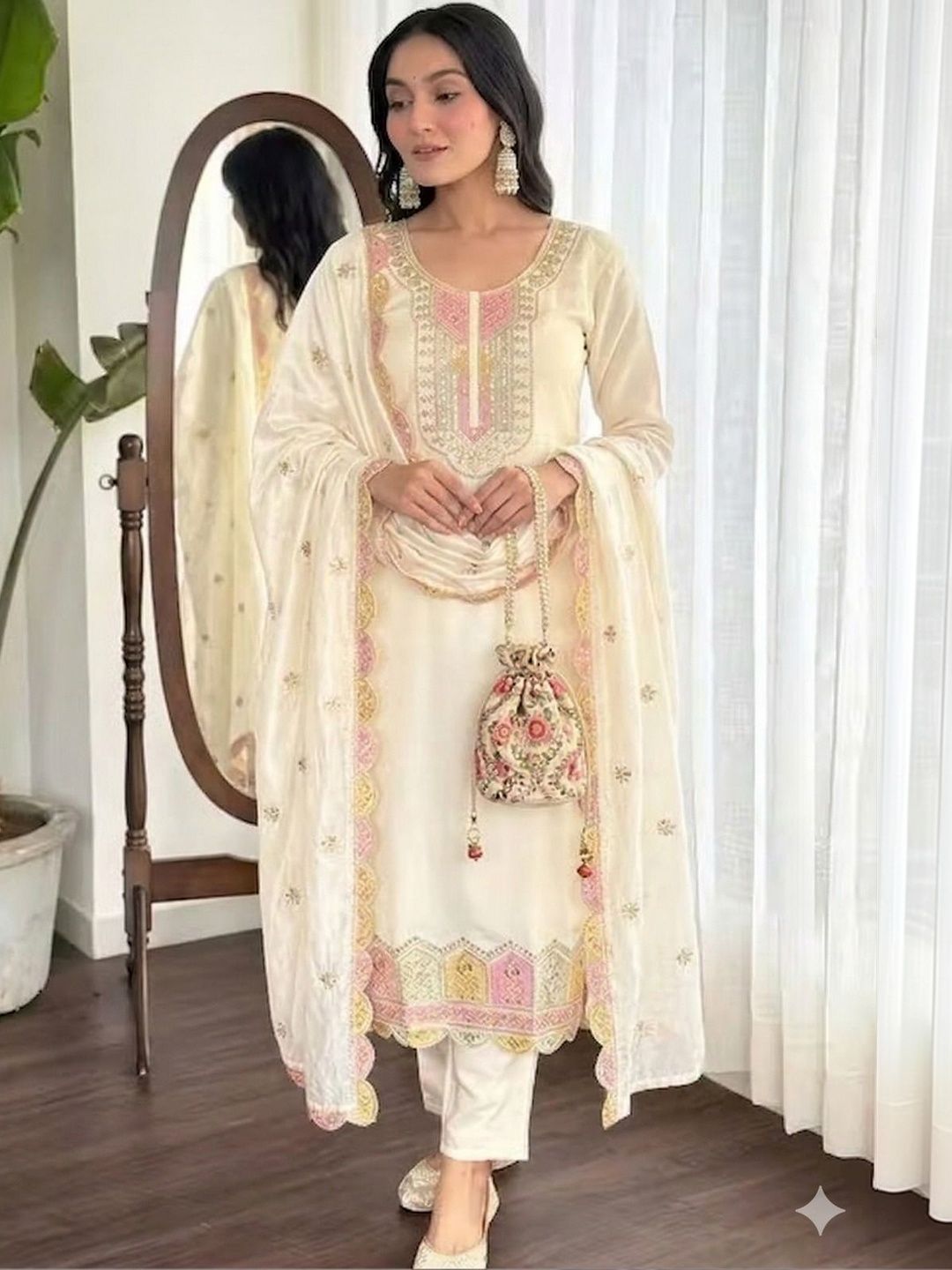 DHRUMI FASHION Women Ethnic Motifs Embroidered Regular Thread Work Pure Cotton Kurta with Trousers & With-picture-48