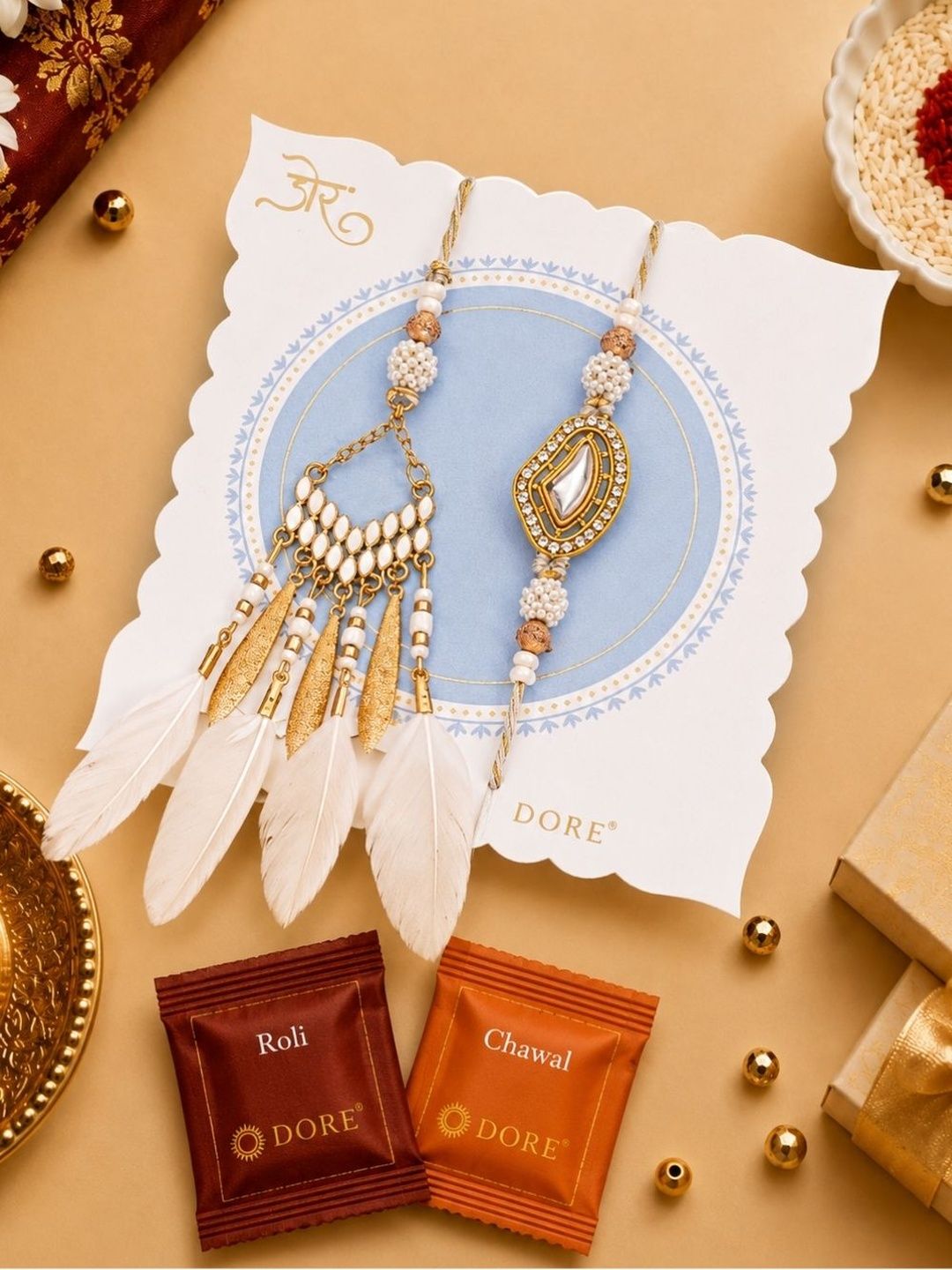 Dore Boho Feather Bhaiya Bhabhi Rakhi Set with Roli Chawal for Family-picture-51