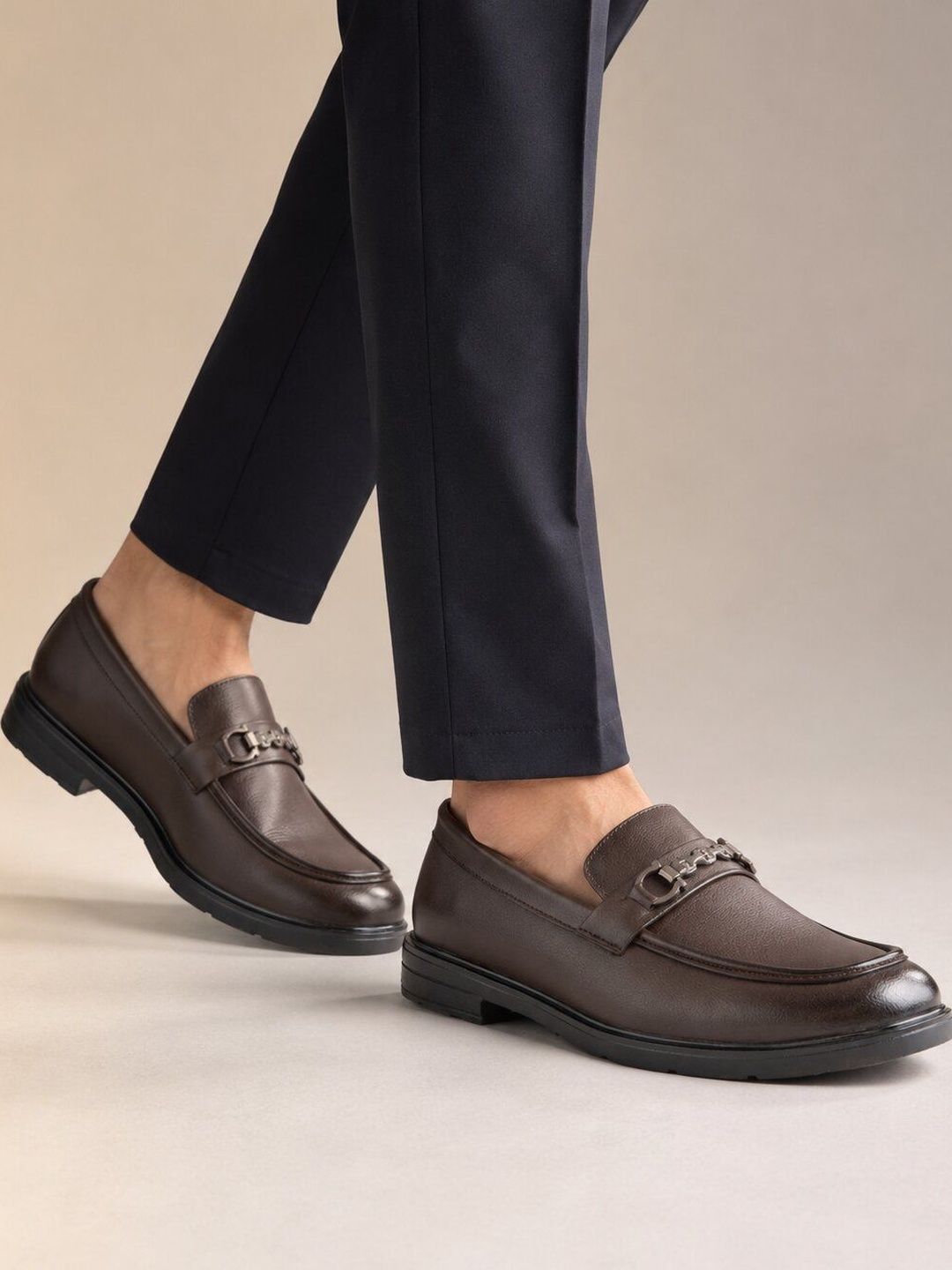 HERE&NOW Men Brown Synthetic Leather Formal Loafers Slip On Moccasins Horsebit Shoes