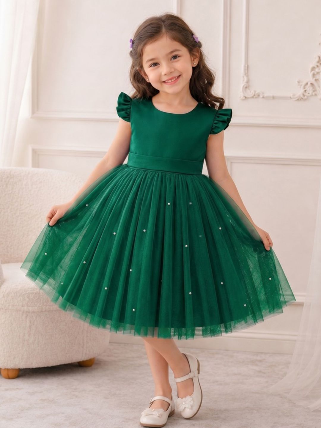 YK Embellished Flared Sleeve Ruffled Net A-Line Dress-image-39