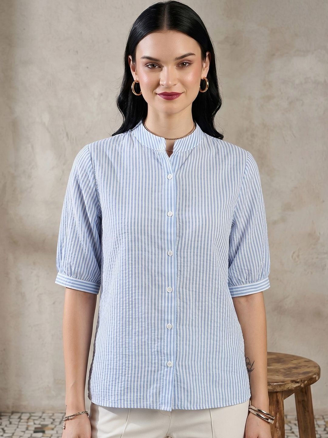 all about you Striped Mandarin Collar Cotton Top-picture-29