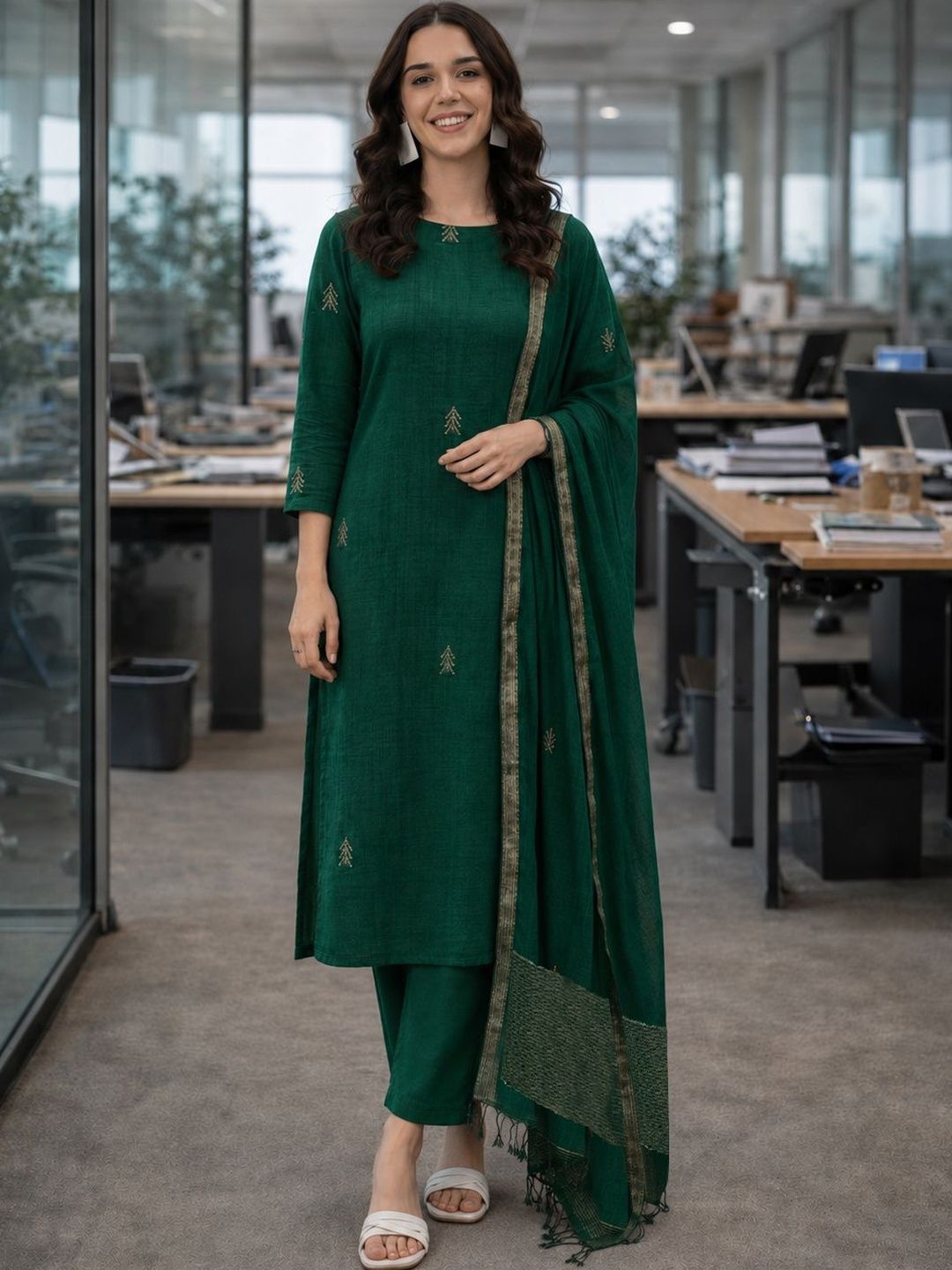 Sangria Women Ethnic Motifs Embroidered Regular Thread Work Kurta with Trousers & With Dupatta-picture-37
