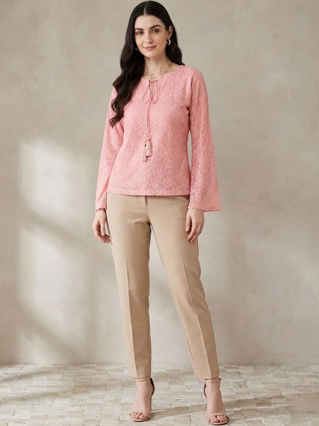 all about you Embellished Embroidered Tie-Up Neck Bell Sleeve Lace Top-picture-55