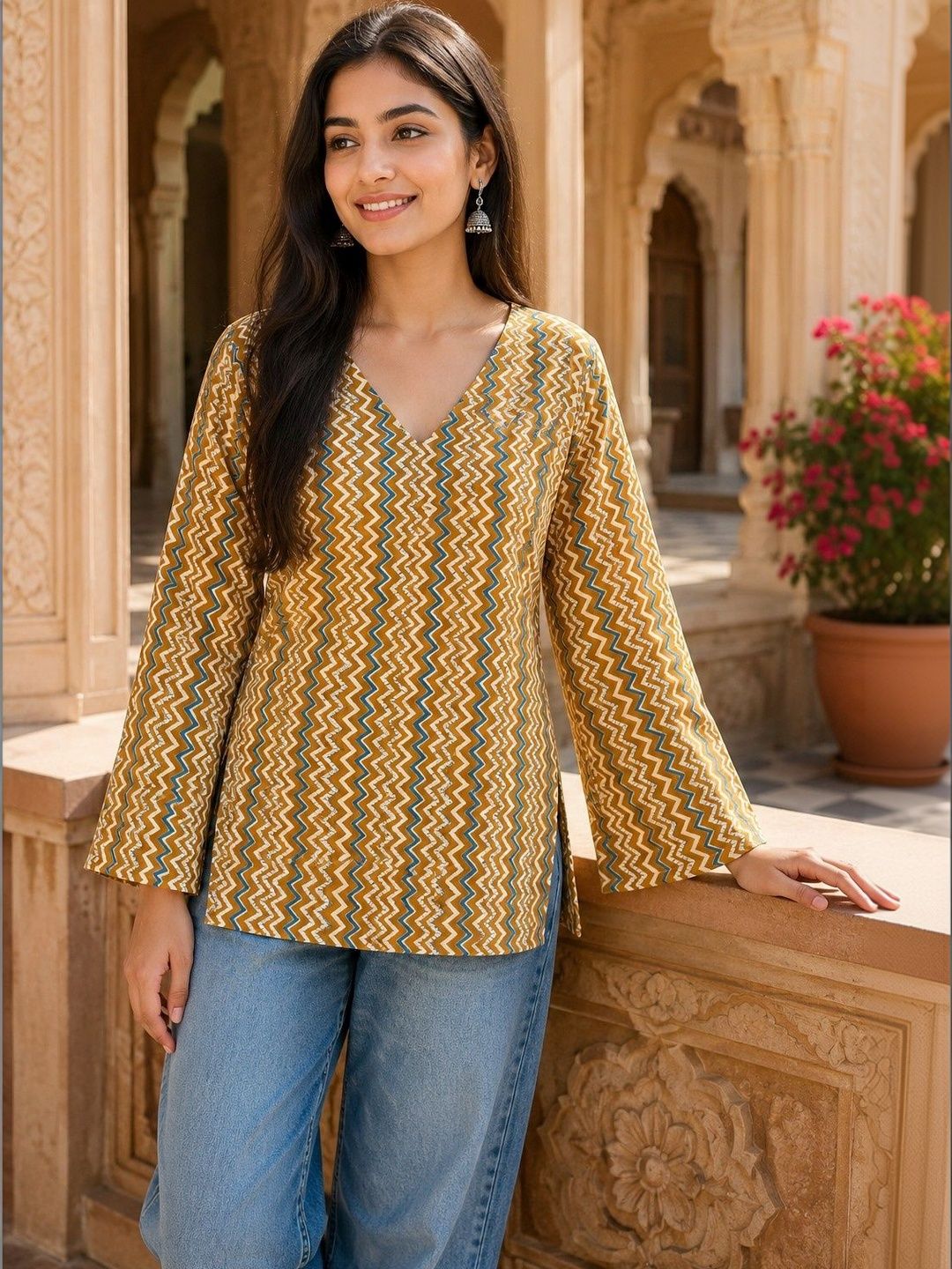 all about you Chevron Printed V-Neck Pure Cotton Blend Kurti-picture-34