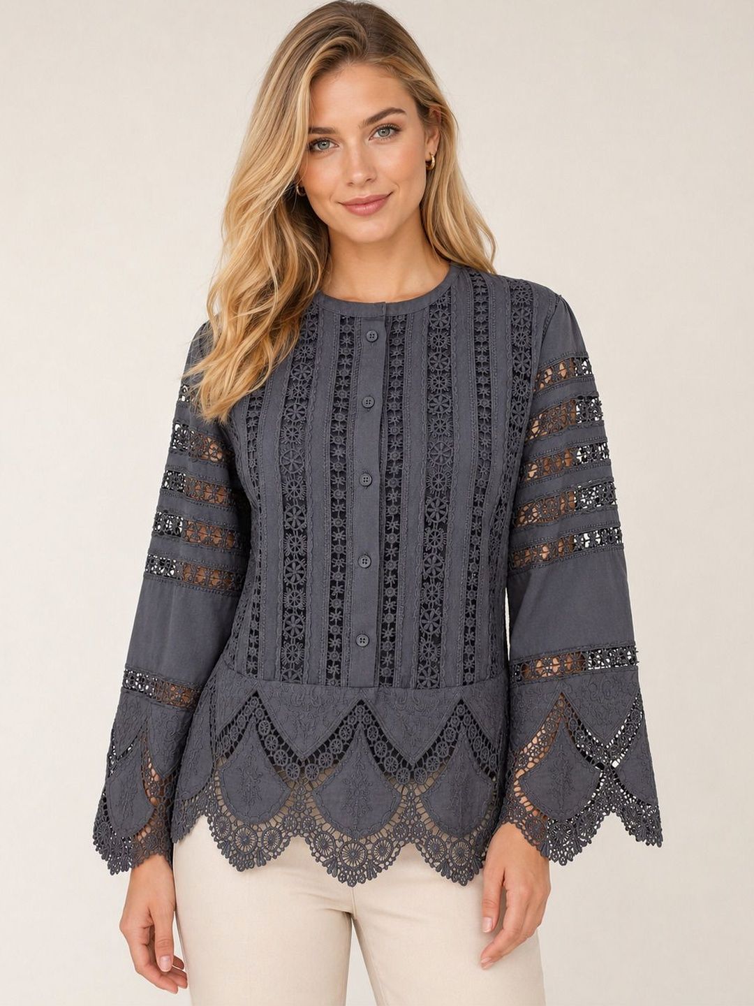 Schifley Embellished Flared Sleeve Cotton Schiffli Top-image-11