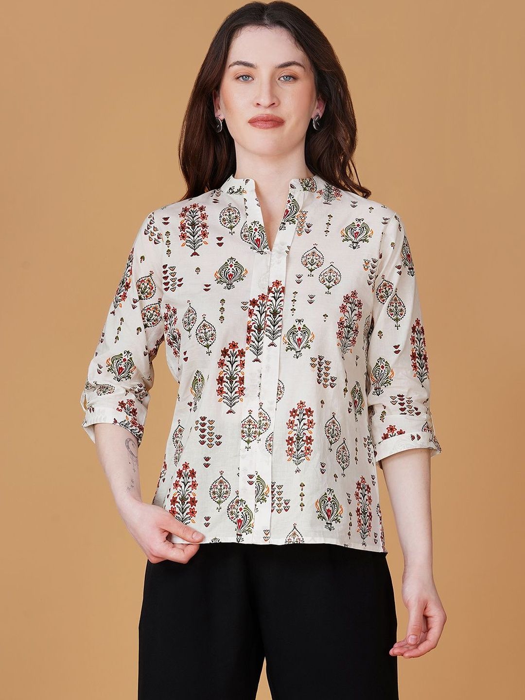Kinjo Print Roll-Up Sleeves Ethnic Cotton Top-image-34
