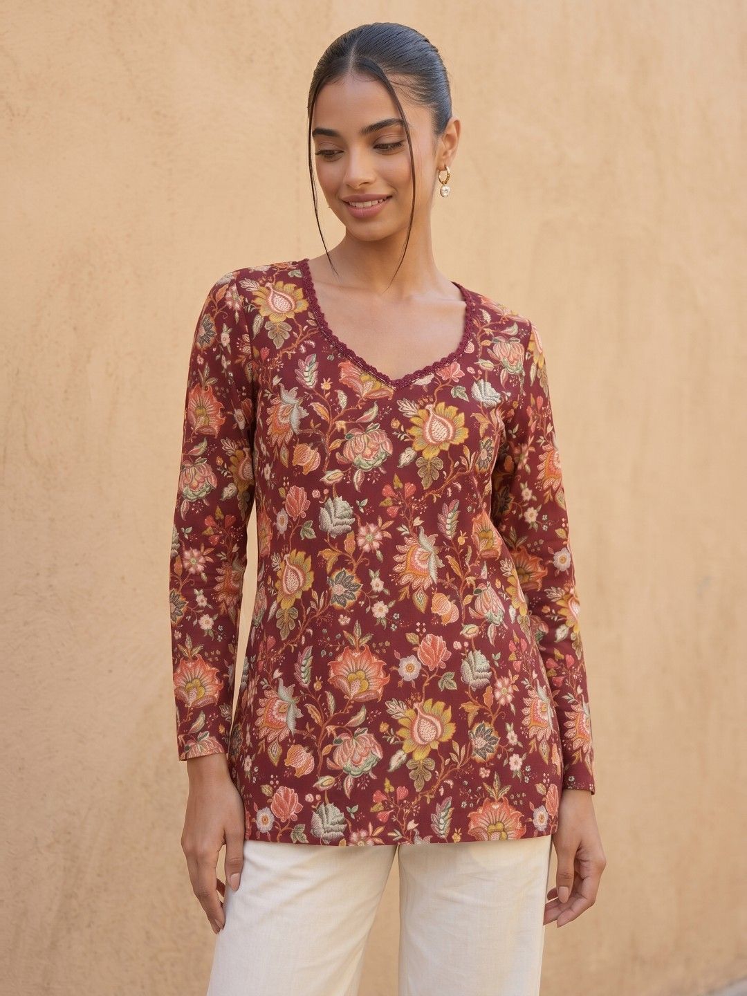 fusion by glitchez Floral Printed V-Neck Pure Cotton Kurti-picture-10