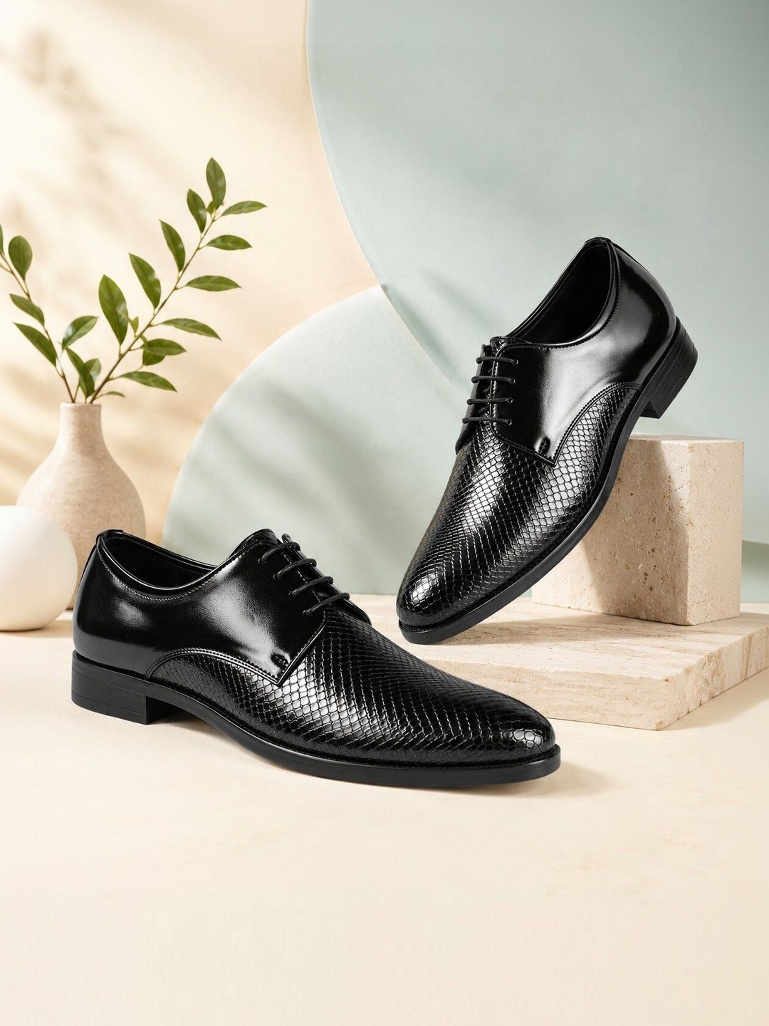 House of Pataudi Men Black Synthetic Leather Formal Lace Up Derby Shoes-image-44