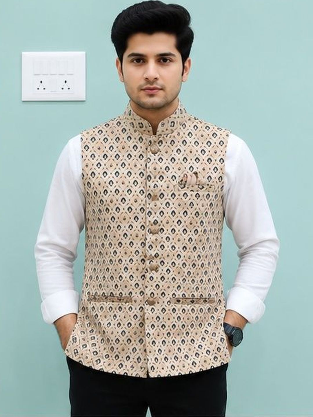 EPSI Woven Design Jute Silk Woven Nehru Jackets-image-25