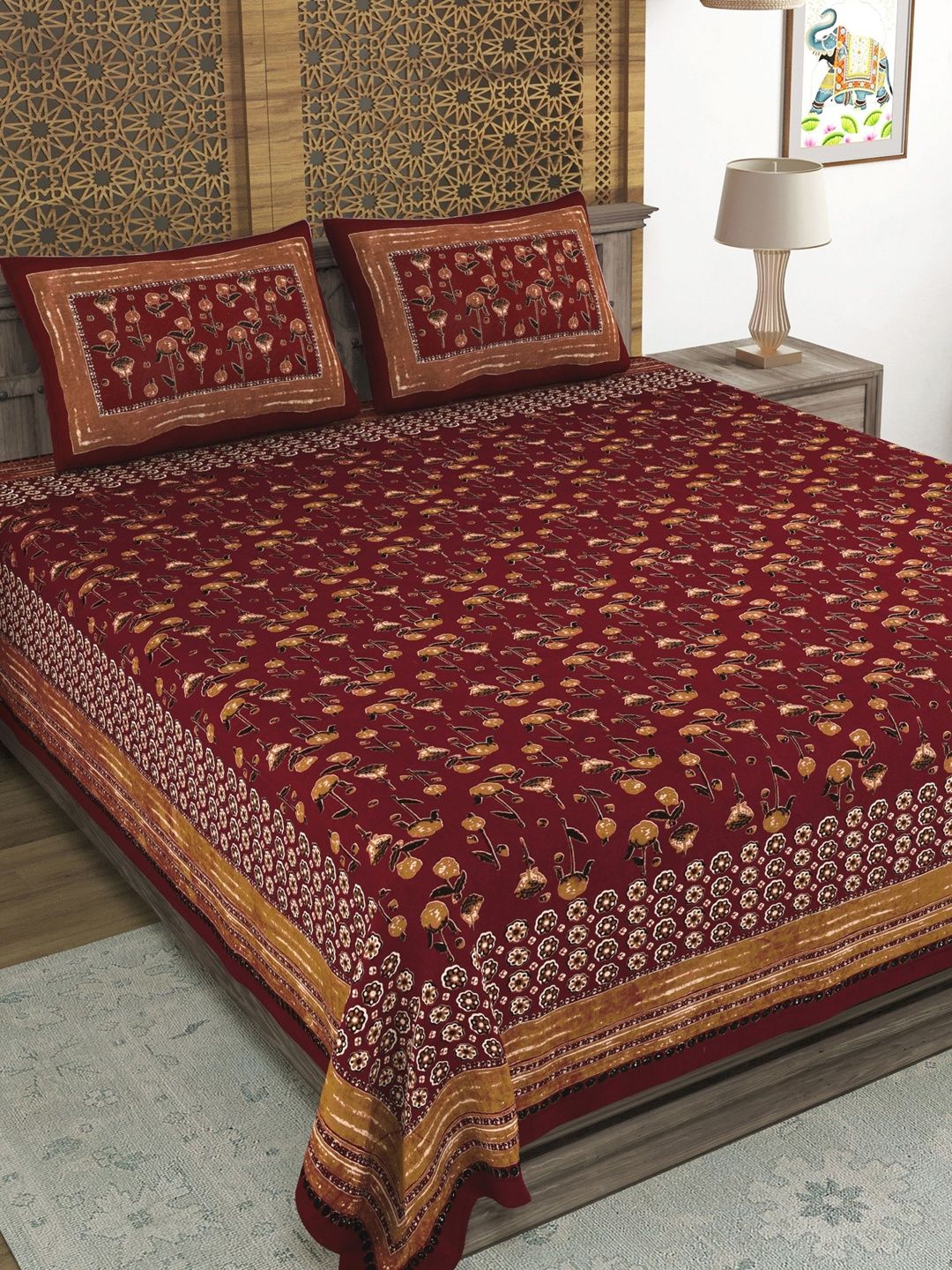 BLOCKS OF INDIA Maroon Floral 210 TC King Bedsheet with 2 Pillow Covers-image-12