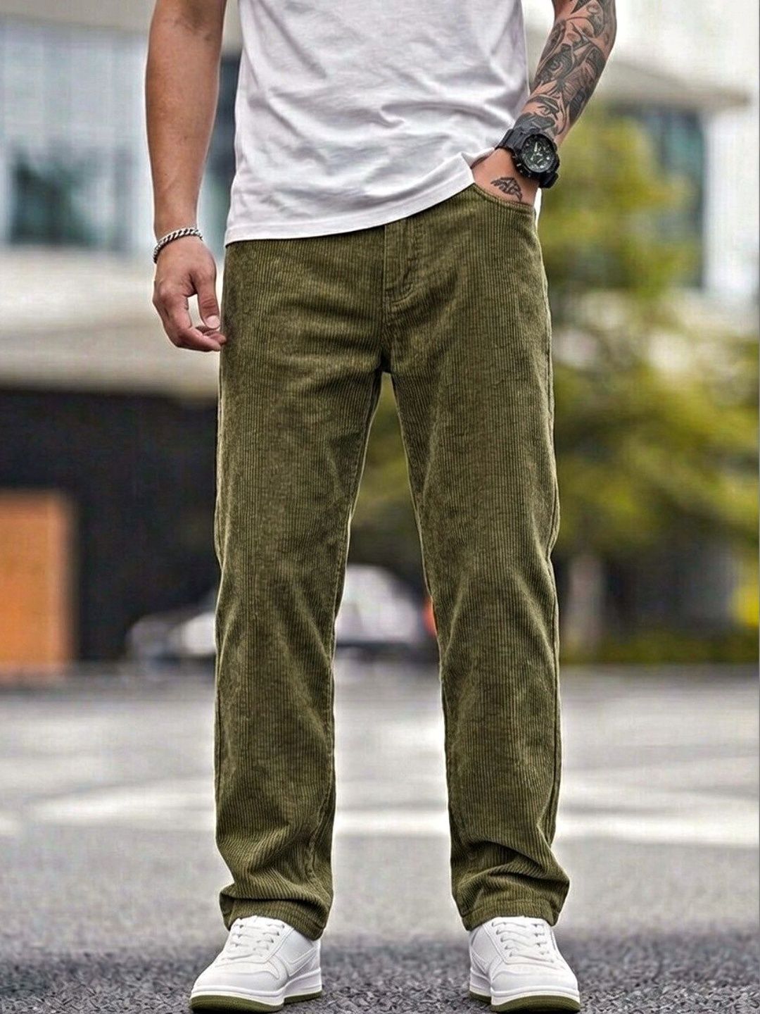 UNITED DENIM Straight Fit Green Corduroy Trousers