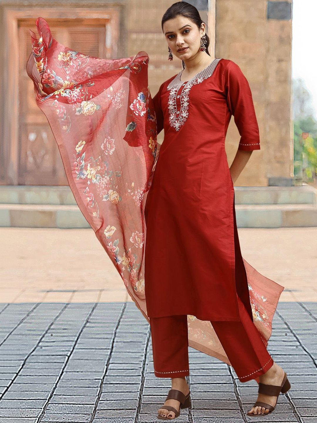 all about you Women Art Silk Embroidered Kurta Pant Dupatta Set-picture-13