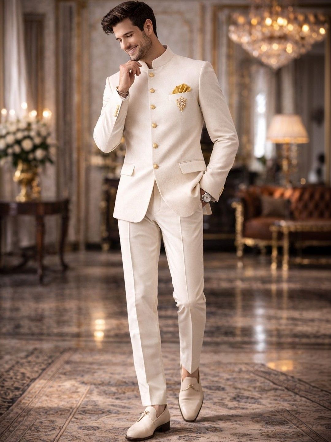 House of Pataudi Pure Cotton Mandarin Collar Jodhpuri Tailored Fit Party Blazer-picture-20