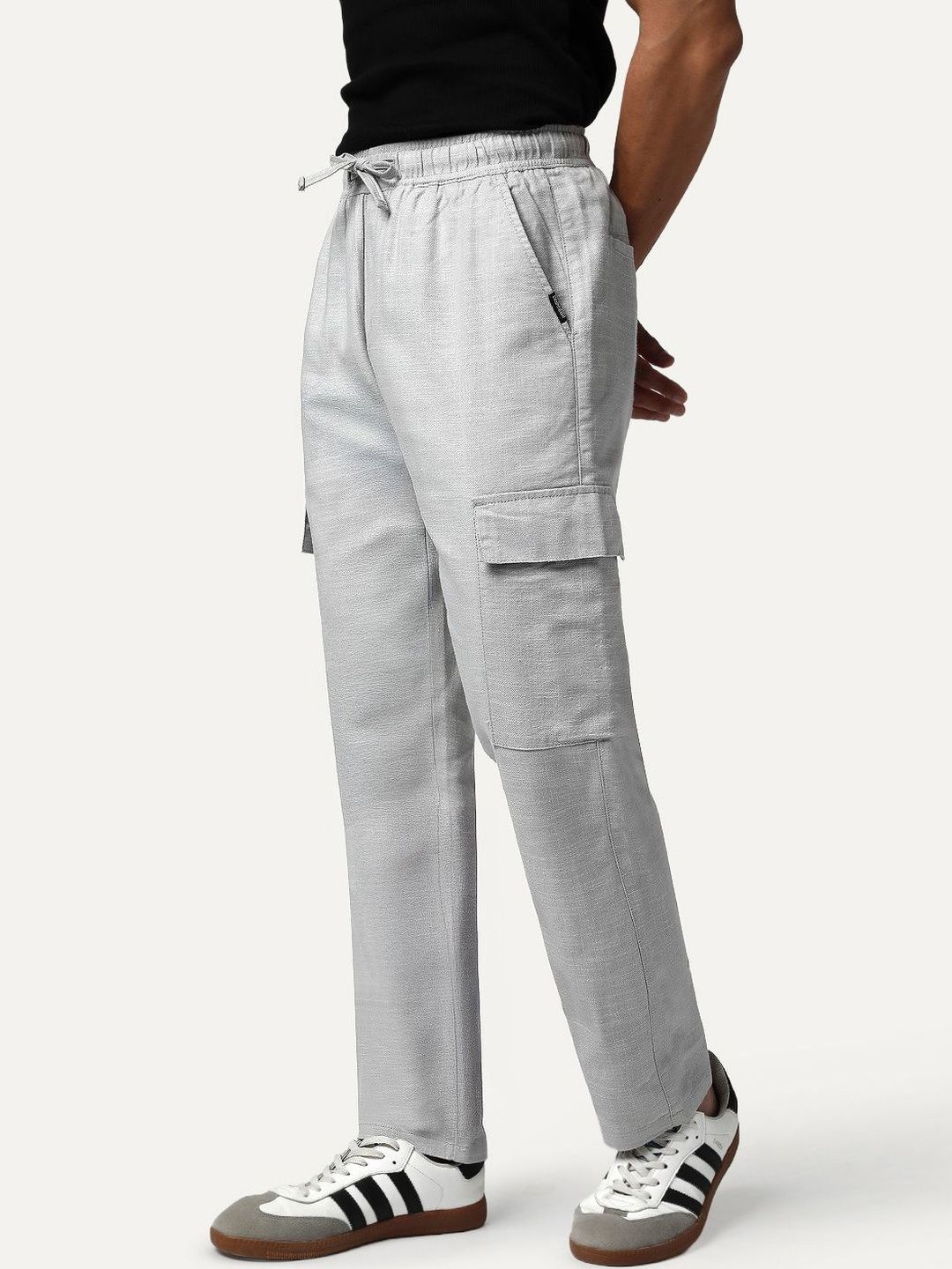 Urbano Fashion Men's Light Grey Straight Fit Linen Cargo Pants 6 Pockets Trousers-picture-20