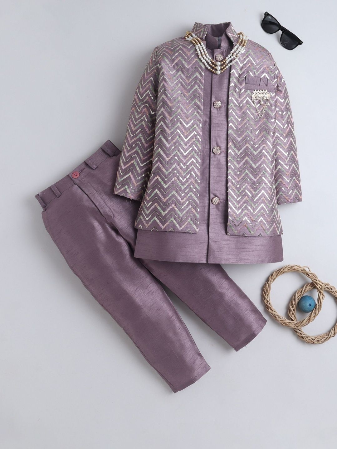 Sangria Boys Zigzag Embroidered Sherwani & Trouser Set With Jacket & Necklace-picture-33