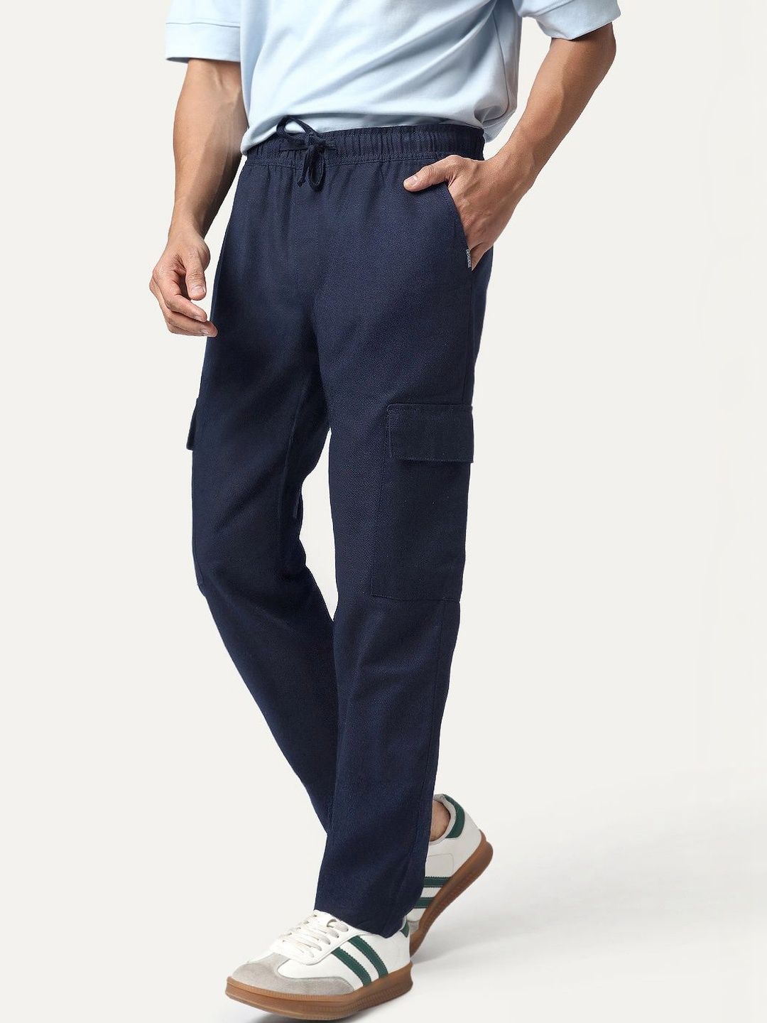 Urbano Fashion Men's Navy Straight Fit Linen Cargo Pants 6 Pockets Trousers-picture-19