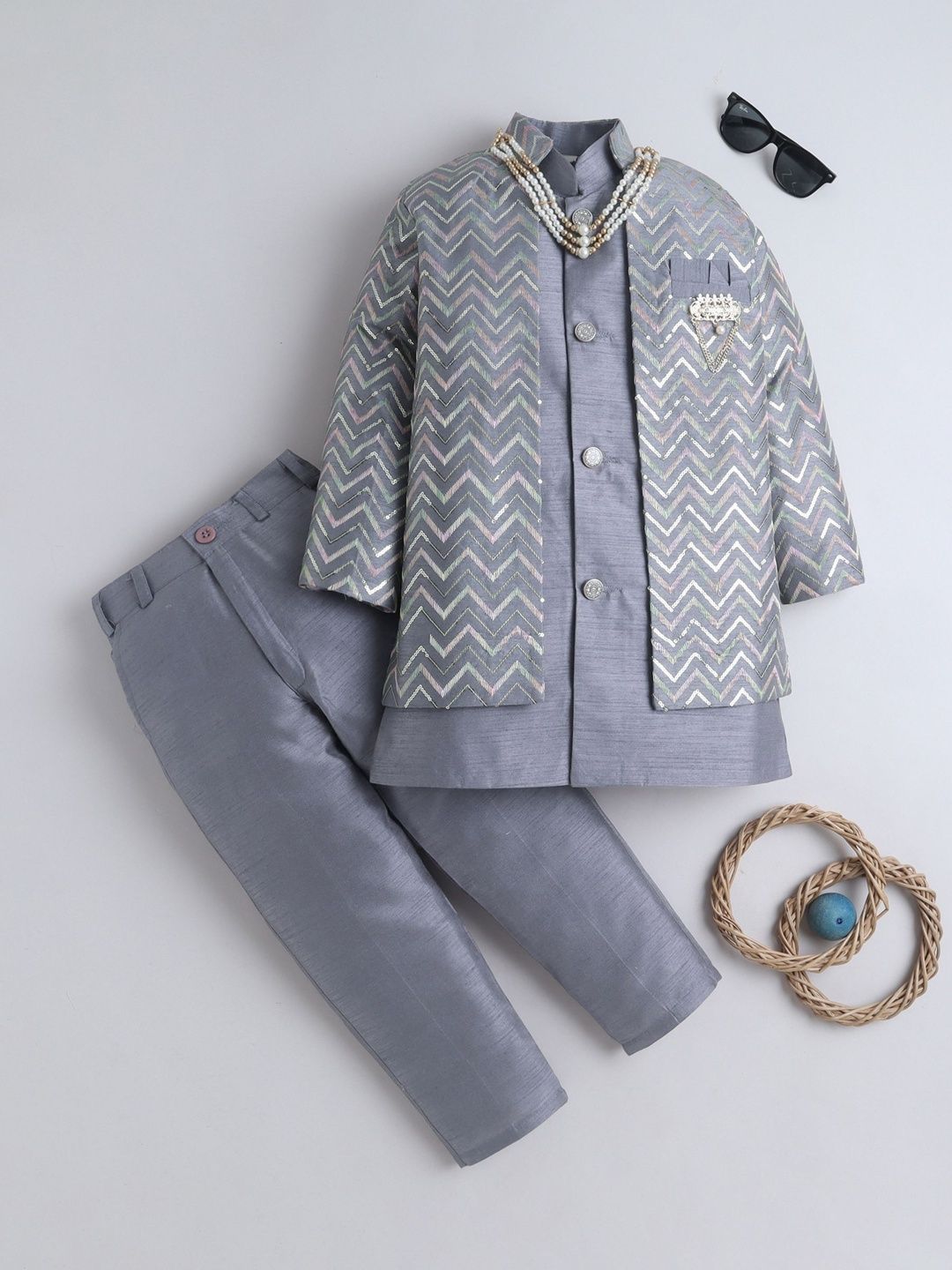 Sangria Boys Zigzag Embroidered Sherwani & Trouser Set With Jacket & Necklace-image-26