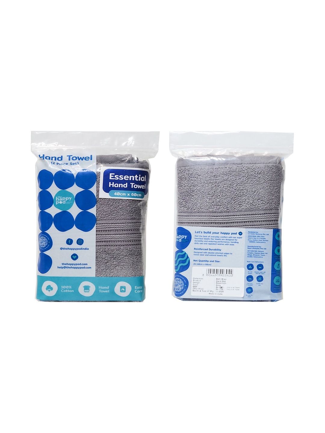 The Happy Pod 2 Pieces Grey Cotton Hand Towels-picture-18