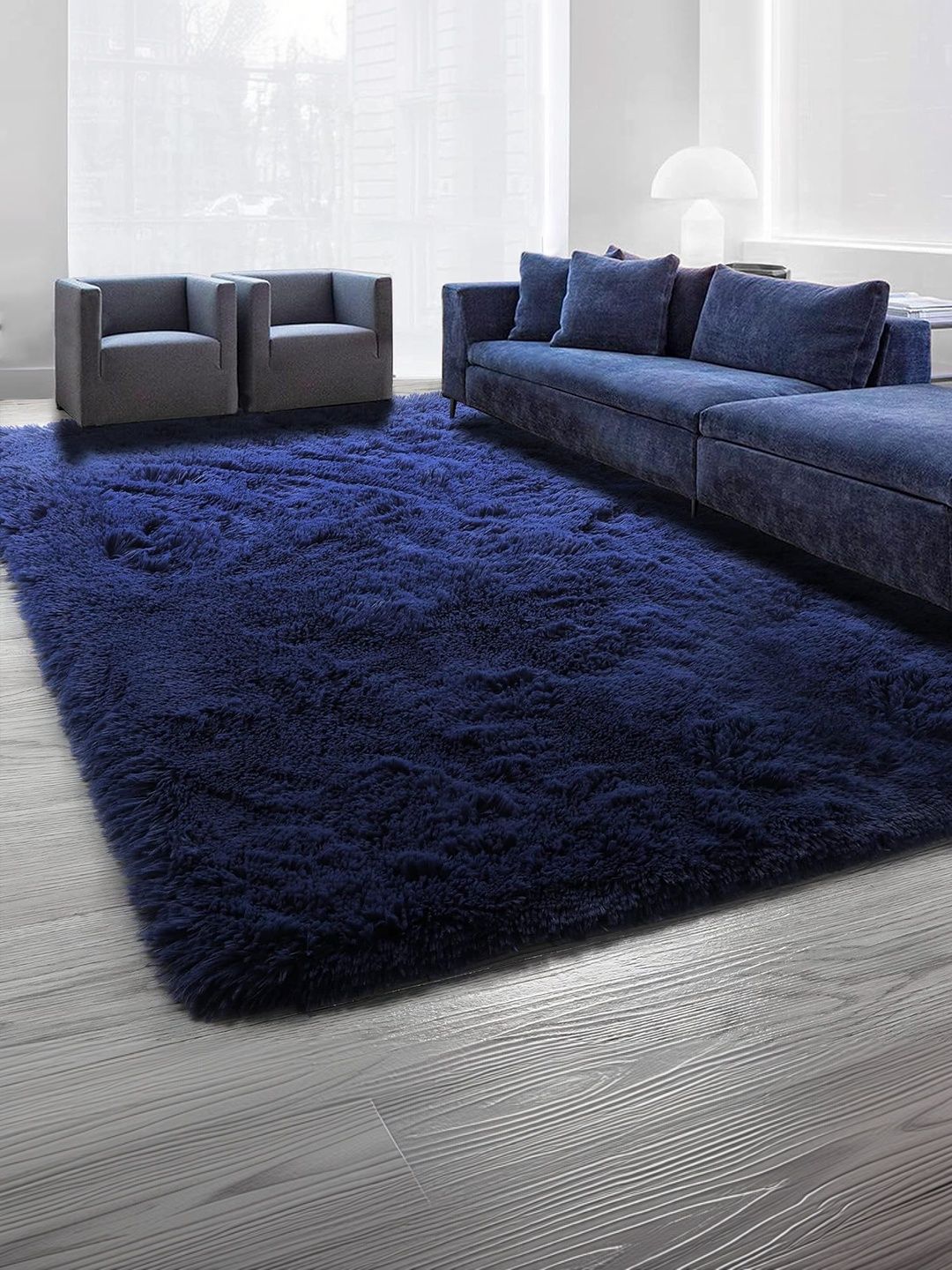 ZAMZAM CARPET Blue Solid Handmade Polyester Carpet-image-46