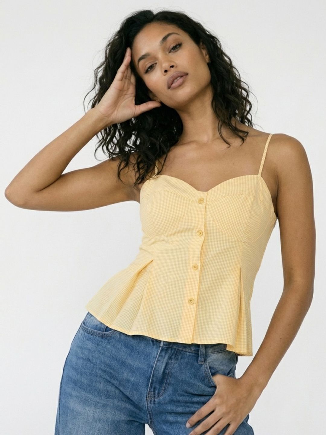 glitchez Checked Sweetheart Neck Pleated A-line Top-picture-10