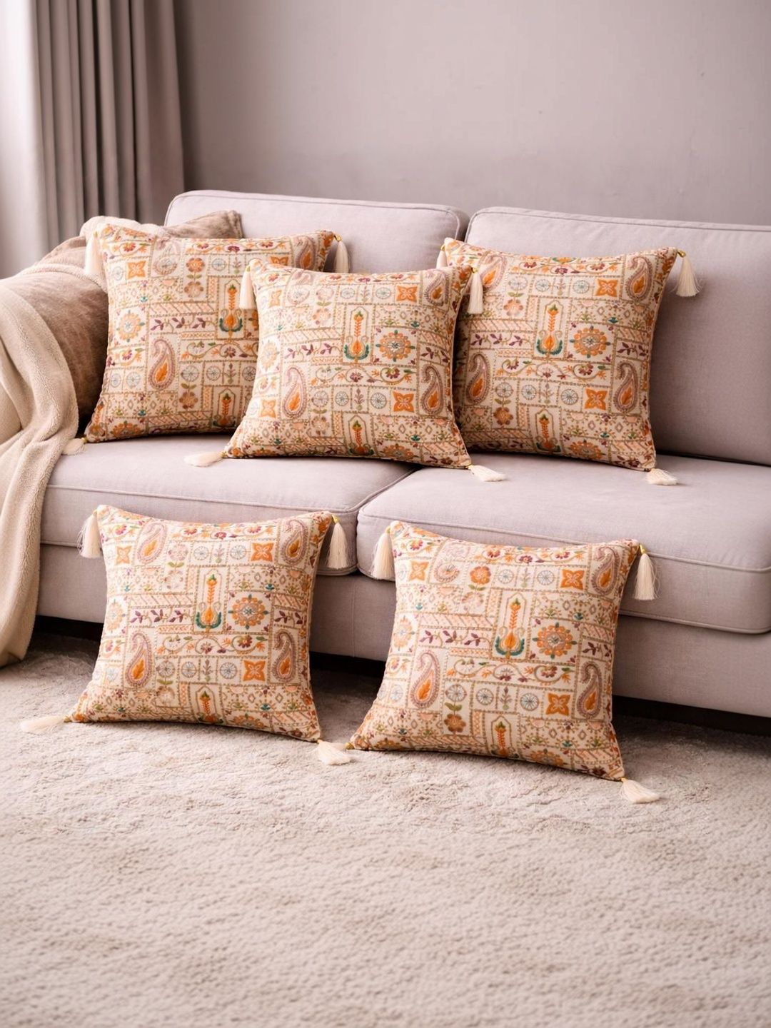MONKDECOR Orange Set of 5 Embroidered Square Cushion Covers-picture-16