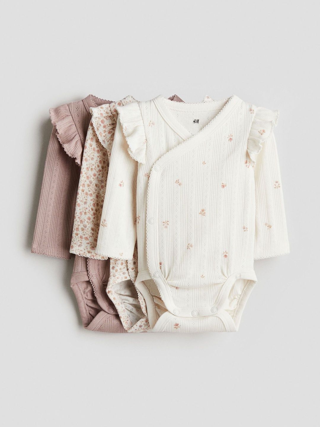 H&M Girls 3-Pack V-Neck Pointelle Wrapover Pure Cotton Bodysuits-picture-21