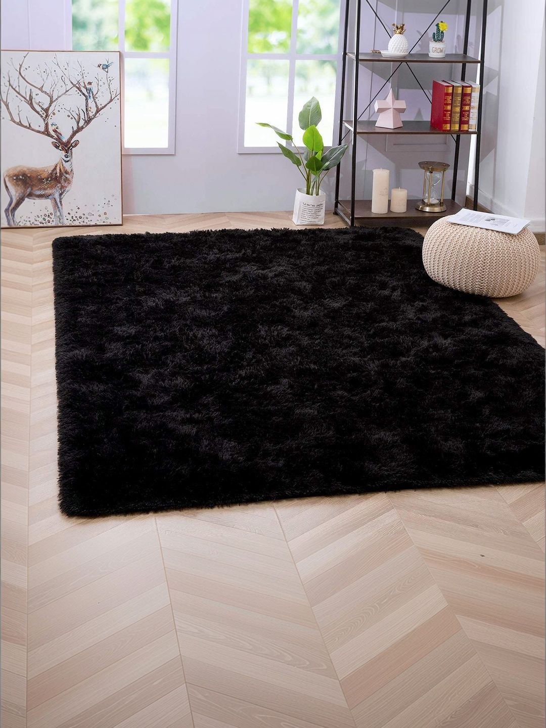 ZAMZAM CARPET Black Solid Handmade Polyester Carpet-image-49