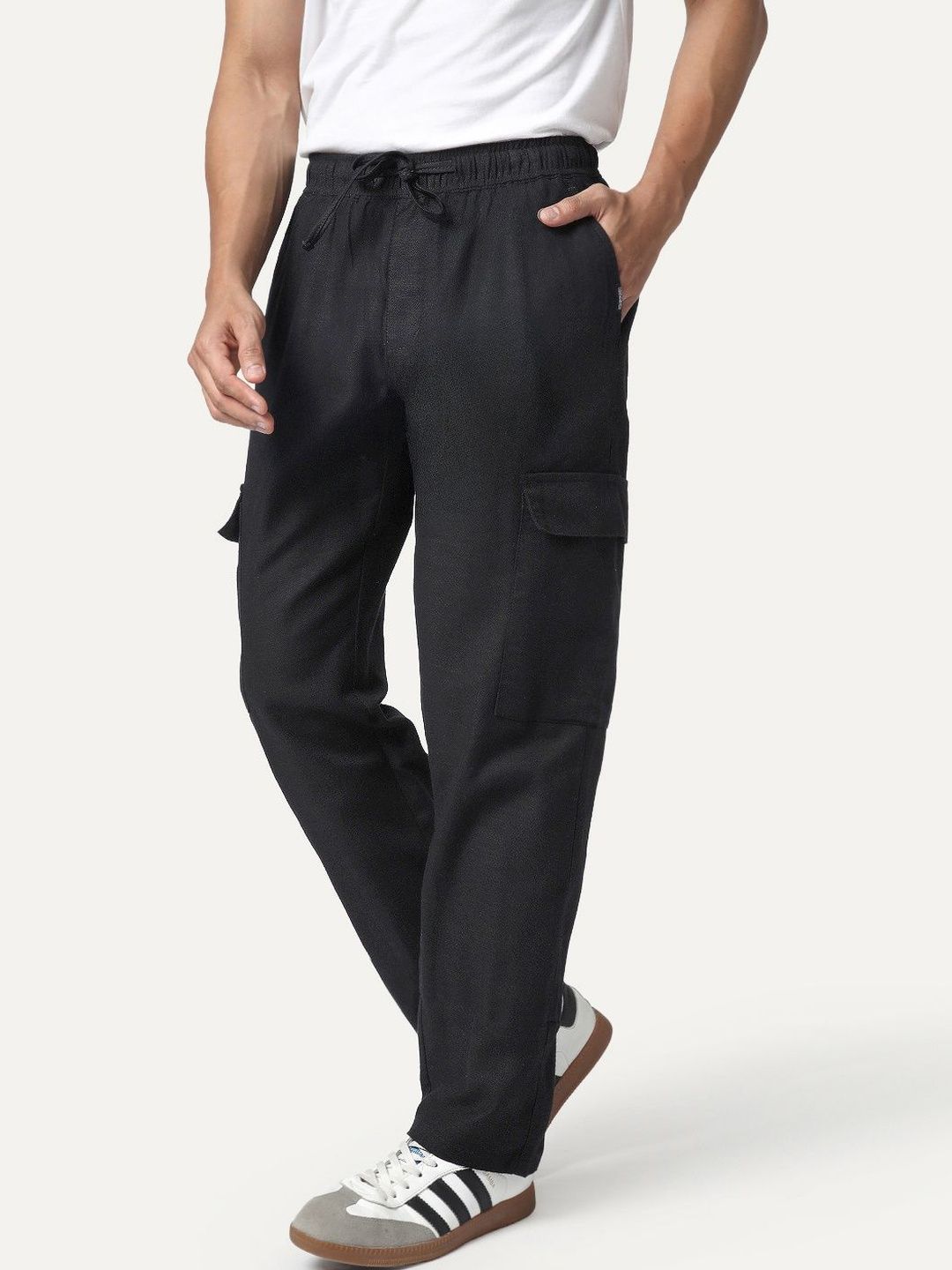 Urbano Fashion Men's Black Straight Fit Linen Cargo Pants 6 Pockets Trousers-picture-17