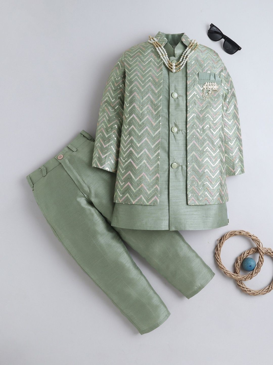 Sangria Boys Zigzag Embroidered Sherwani & Trouser Set With Jacket & Necklace-picture-46