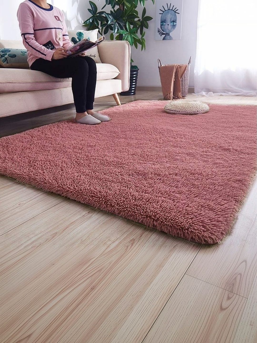 ZAMZAM CARPET Pink Solid Handmade Polyester Carpet-image-15