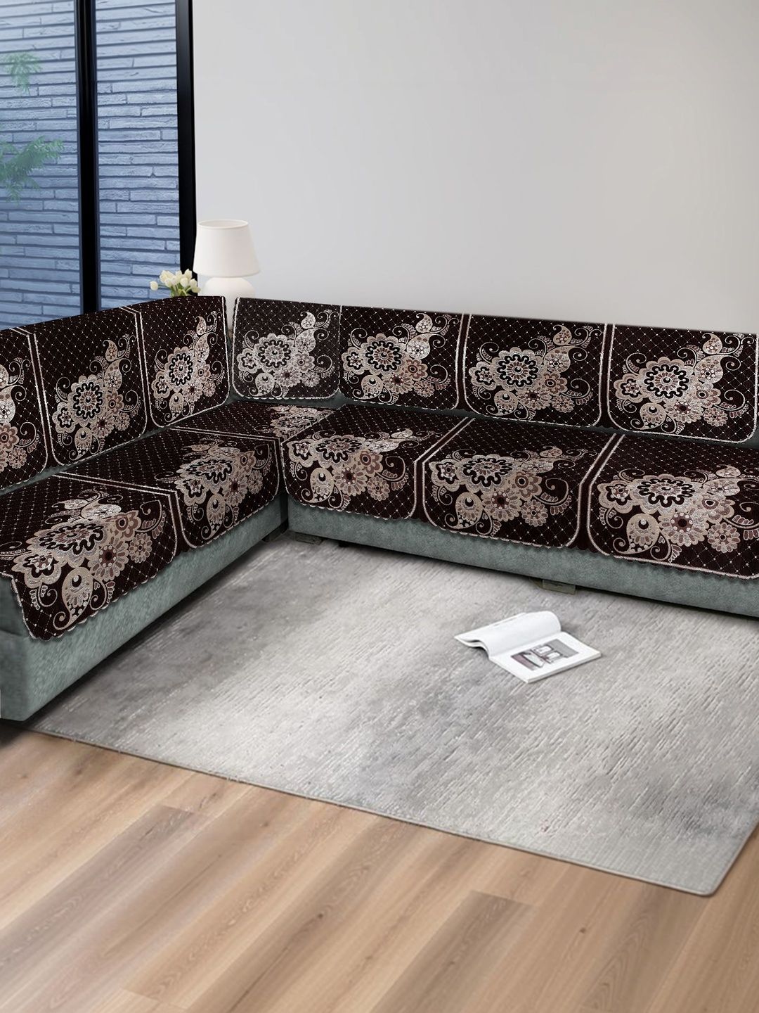 MULTITEX Brown & Brown Embroidered Velvet Sofa Cover Without Arms-picture-32