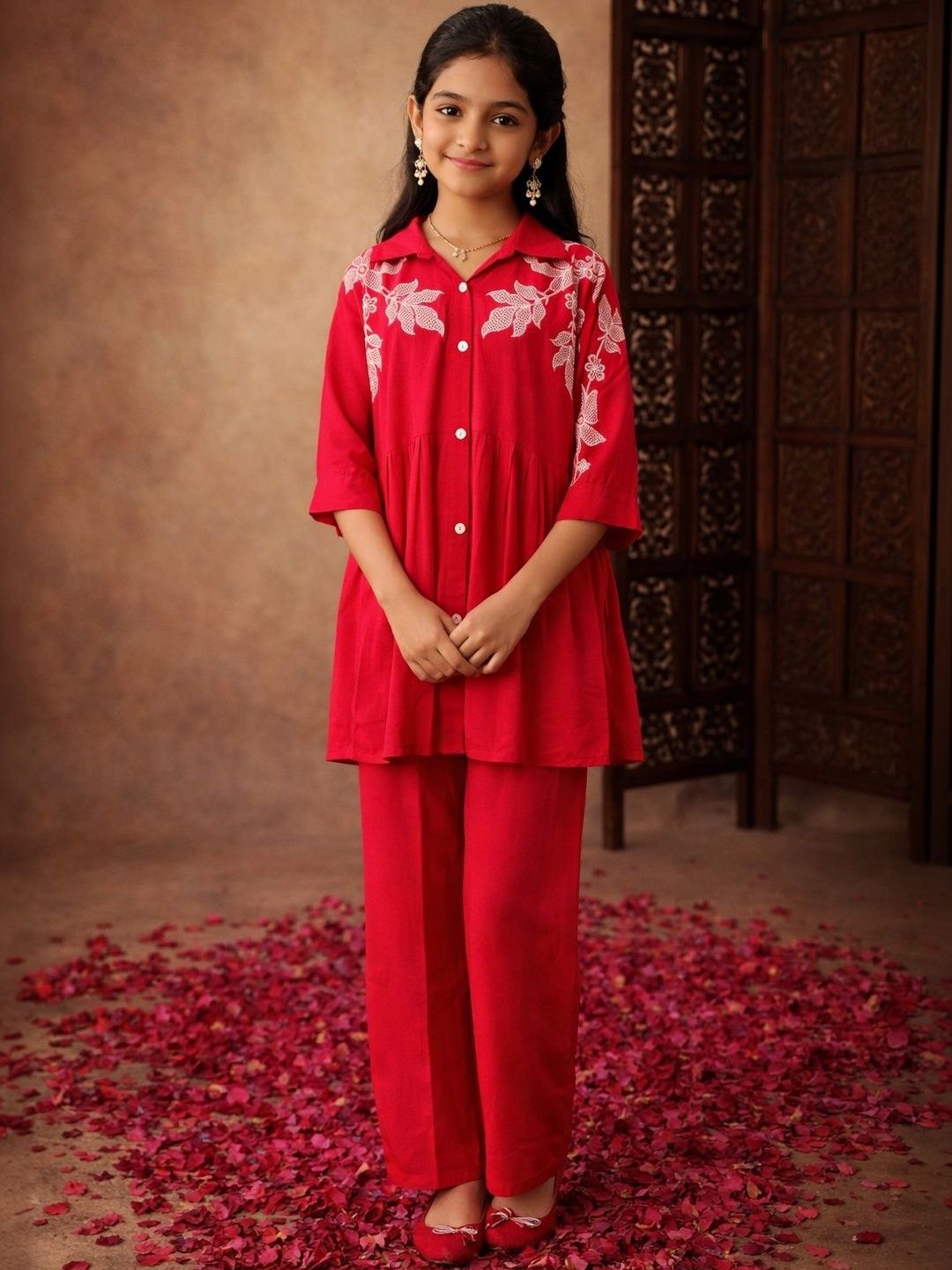 Sangria Girls Embroidered Pure Cotton Shirt Collar Kurti & Trousers-picture-44