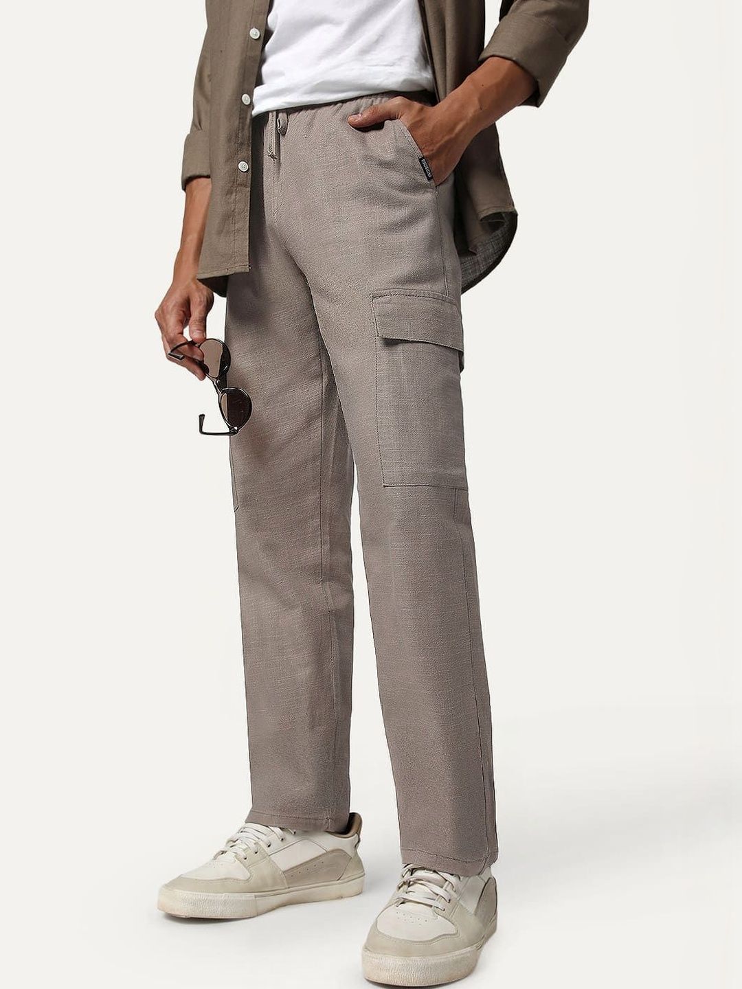 Urbano Fashion Men's Light Khaki Straight Fit Linen Cargo Pants 6 Pockets Trousers-picture-12