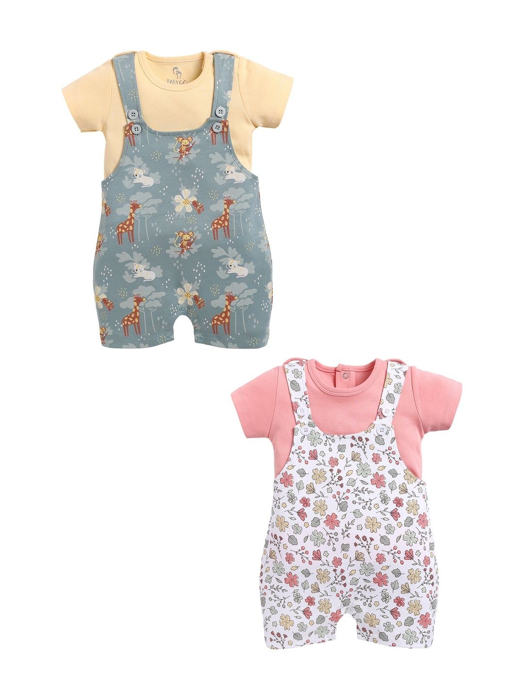 BABY GO Pack Of 2 Girls Printed Cotton Short Dungarees-picture-56