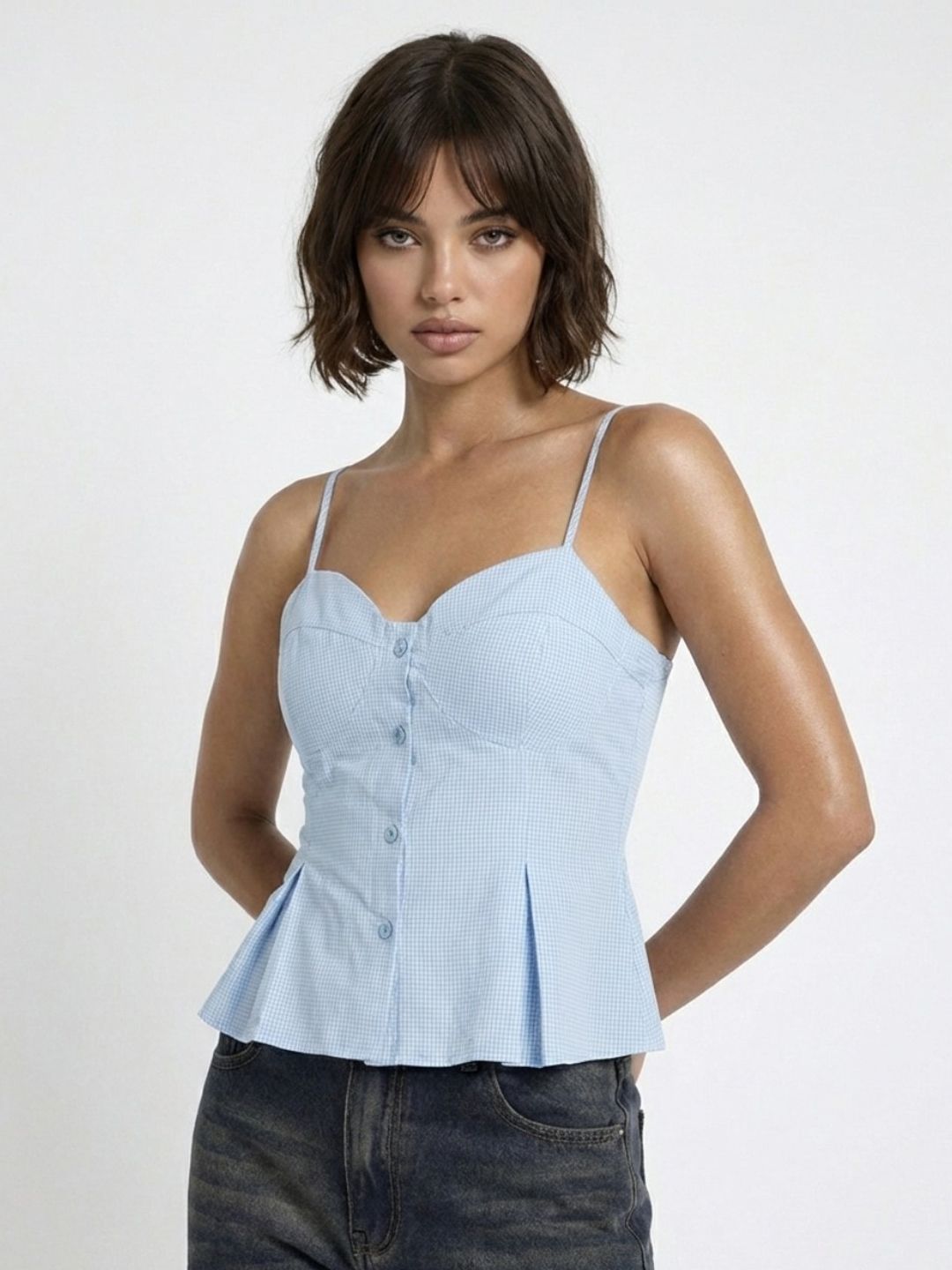 glitchez Checked Sweetheart Neck A-Line Top-picture-20