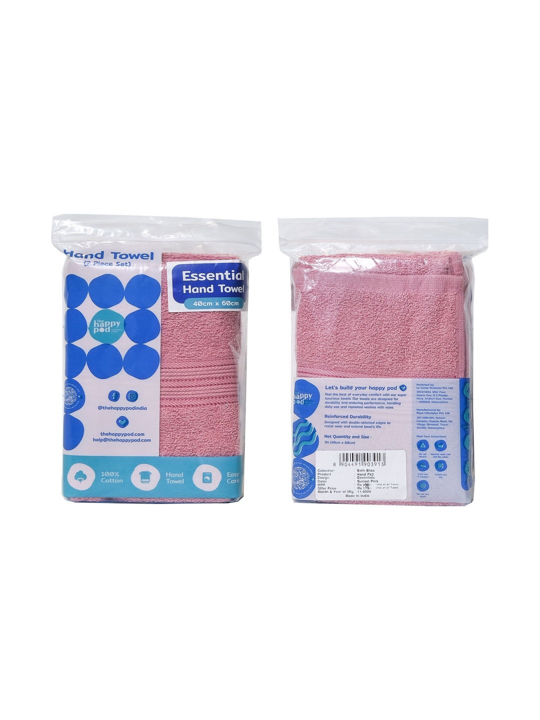 The Happy Pod 2 Pieces Pink Cotton Hand Towels-picture-17