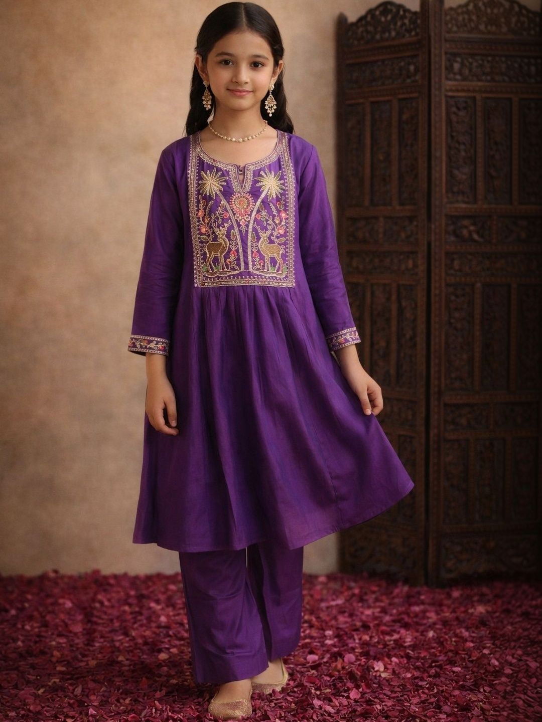 Sangria Girls Embroidered Round Neck Kurti & Trousers-picture-36