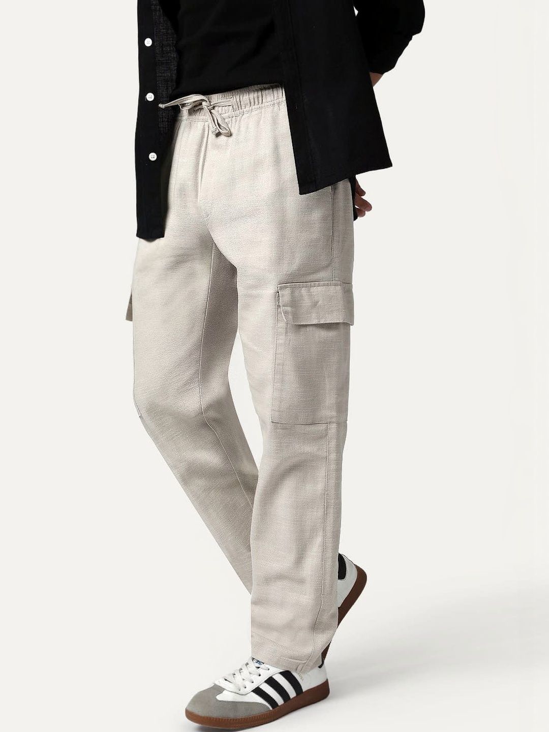 Urbano Fashion Men's Beige Straight Fit Linen Cargo Pants 6 Pockets Trousers-picture-18