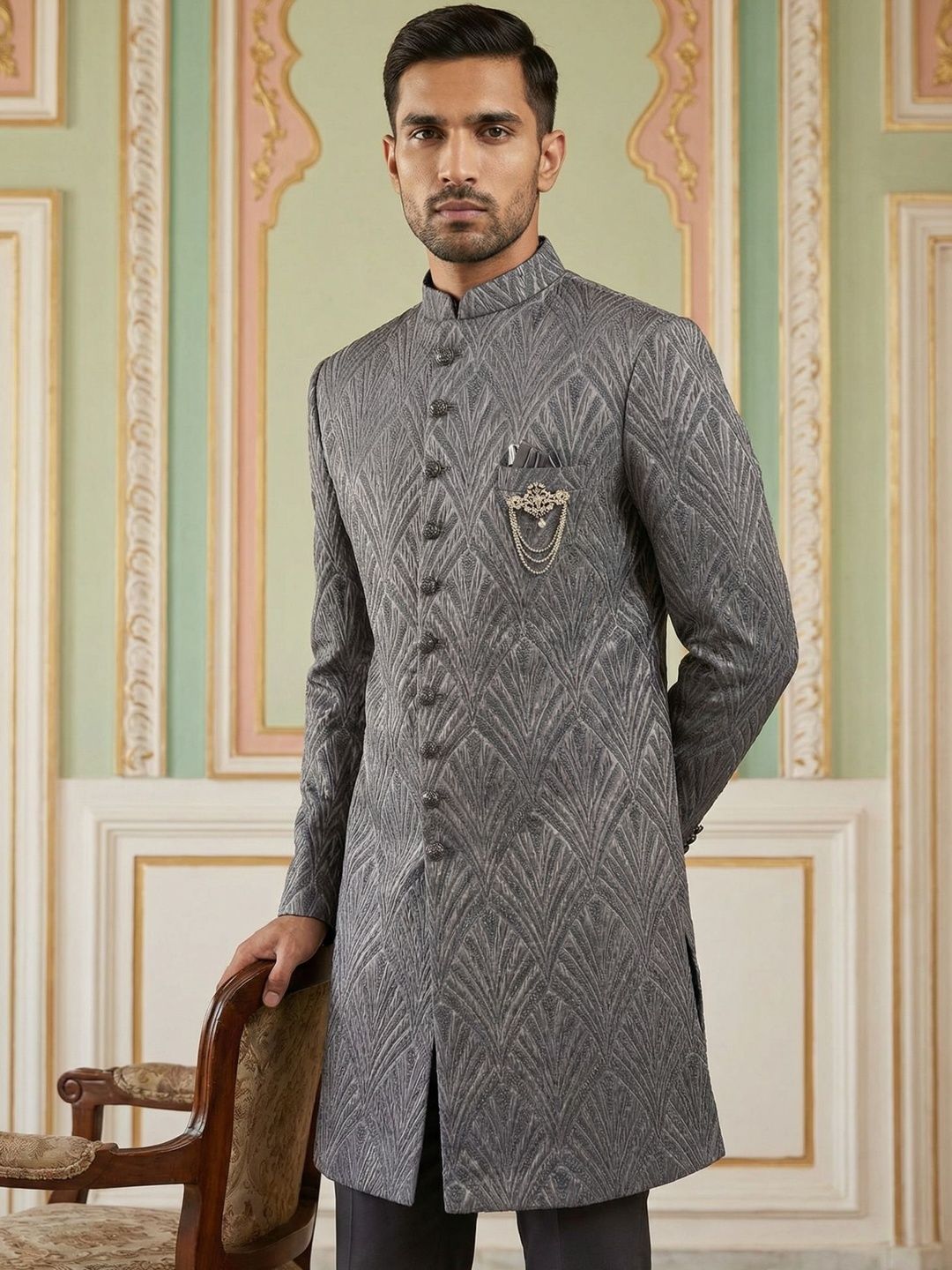 Jompers Embroidered Jacquard Indo-Western Set-image-32