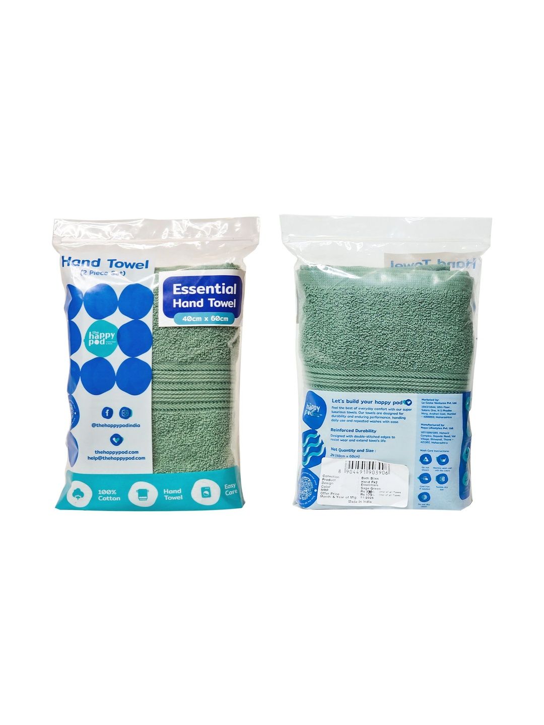 The Happy Pod 2 Pieces Green Cotton Hand Towels-picture-19