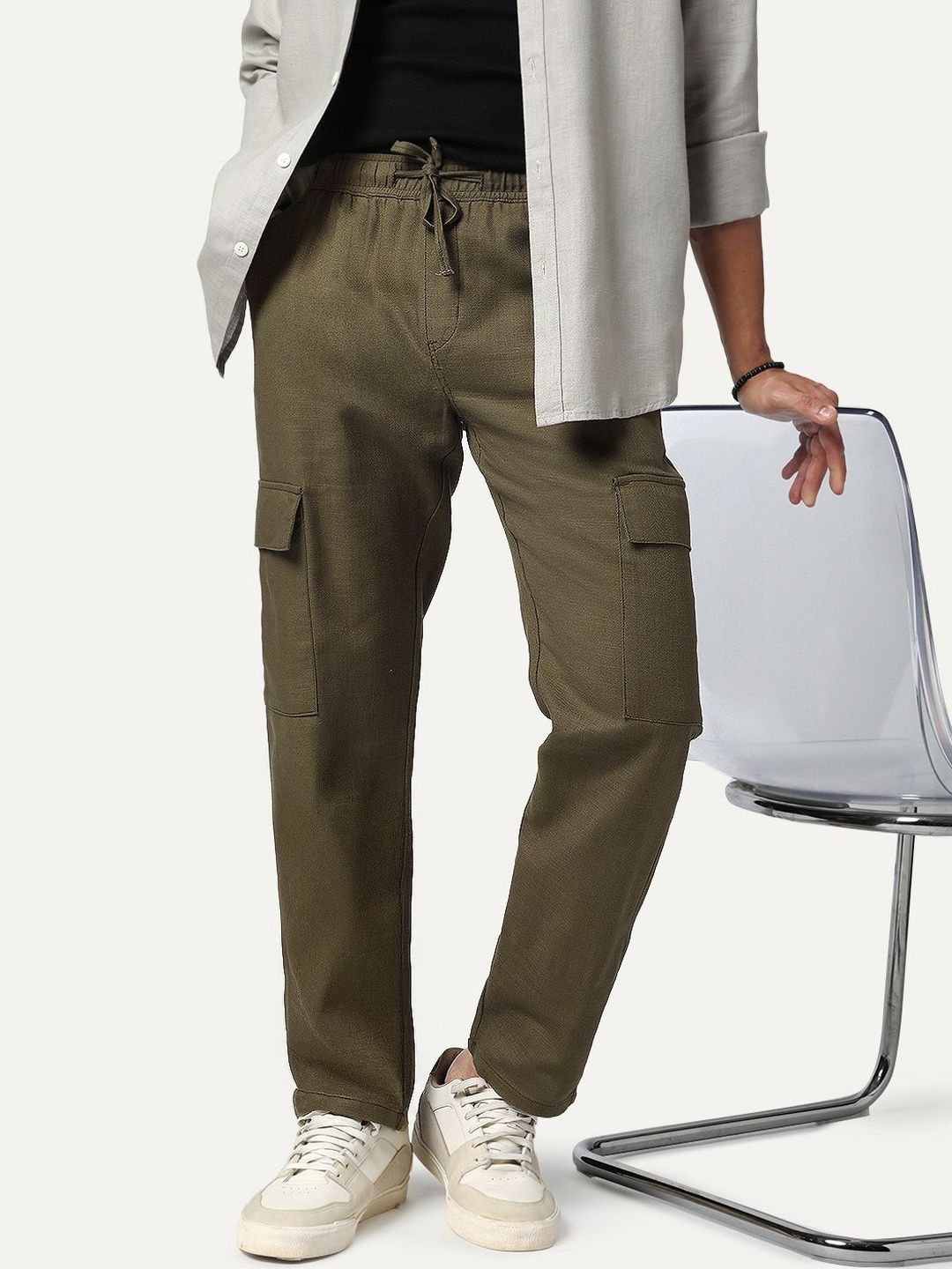 Urbano Fashion Men's Olive Straight Fit Linen Cargo Pants 6 Pockets Trousers-picture-16