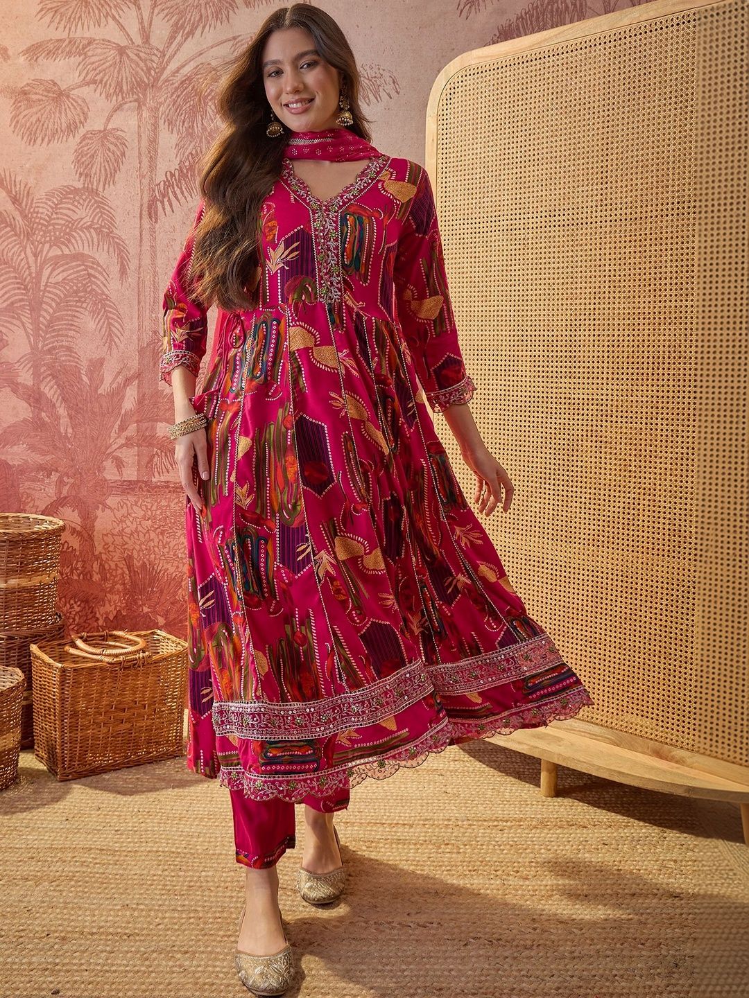 Sangria Ethnic Embroidered Kurta With Trousers & Tasseled Dupatta-picture-10