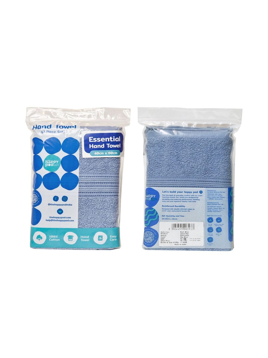 The Happy Pod 2 Pieces Blue Cotton Hand Towels-picture-20