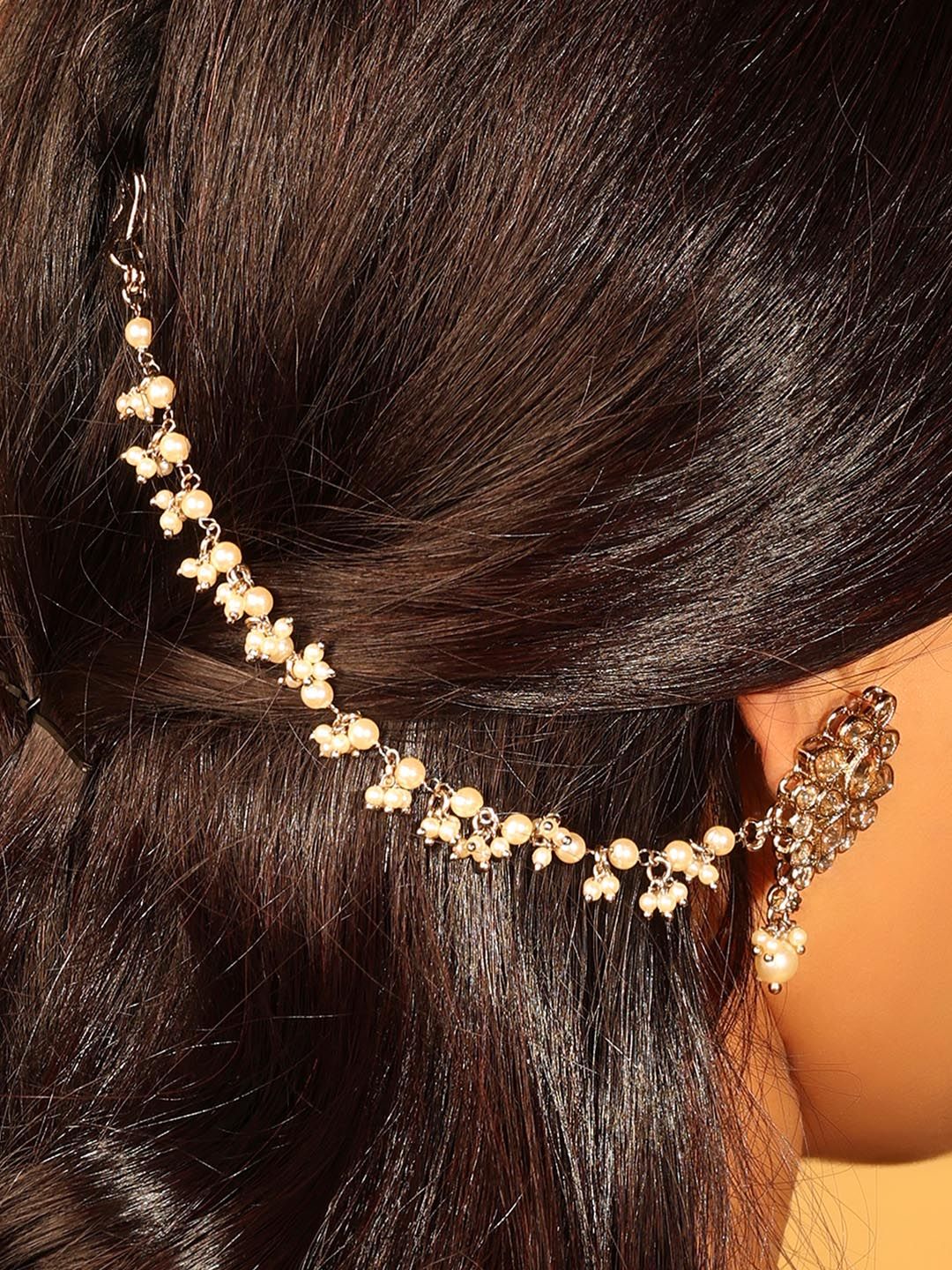 Saloni Fashion Jewellery Gold-Plated Brass Pearls Ear Chain