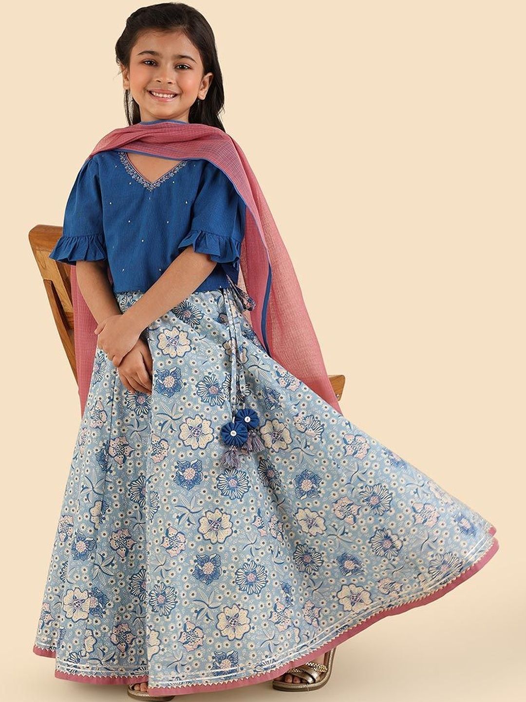 Fabindia Girls Embroidered Thread Work Ready to Wear Lehenga & Blouse With Dupatta-picture-33